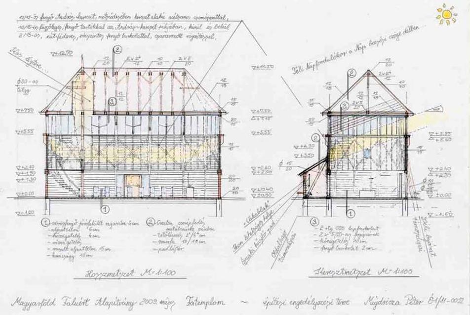 Mújdricza Péter: Magyarföldi fatemplom - hosszmetszet, keresztmetszet