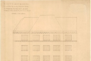A Budapest-Erzsébetvárosi Bank székháza (VII. Rákóczi út 18.) Első engedélyezési tervváltozat, Dohány utcai homlokzat, 1911. Budapest Főváros Levéltára