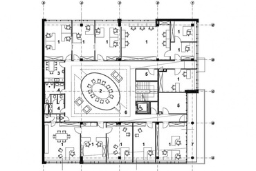 LibroTrade Kft. és Kossuth Kiadó Zrt. új székháza. Első emeleti alaprajz (1. irodák, 2. tárgyaló, 3. teakonyha, 4. vizesblokkok, 5. kiszolgáló funkció, 6. közlekedő, 7. terasz)Vezető tervező: Annus Marina.