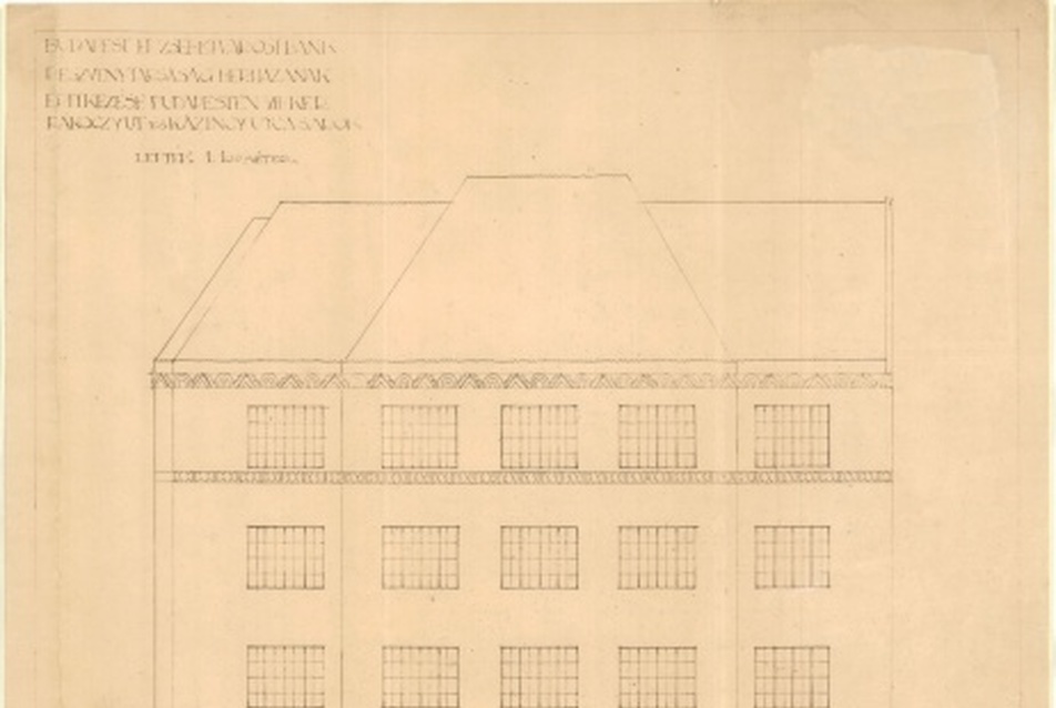 A Budapest-Erzsébetvárosi Bank székháza (VII. Rákóczi út 18.) Első engedélyezési tervváltozat, Dohány utcai homlokzat, 1911. Budapest Főváros Levéltára