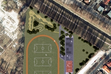 helyszínrajz 1. Futballpályák; 2. Futópálya, 3.   Gördeszka és BMX pálya, 4. Streetball pálya, 5.   Kosárlabda pálya, 6. Szabadtéri edzőpálya, 7.   Hegyikerékpár pálya, 8. Közösségi tér, 9.   Kerékpár parkolók