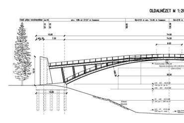 az engedélyezési terv változása: a helyszín megváltoztatásával a hídpálya a terepszintre süllyeszthetővé vált.