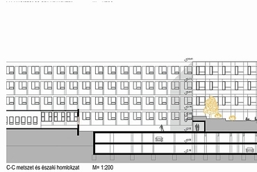 Kerítés helyett teraszos belső kert oldja meg az iskolaudvartól történő elválasztást. Az alacsonyabb épületszárny új függönyfalának osztása rímel a szomszédos iskola homlokzatára.