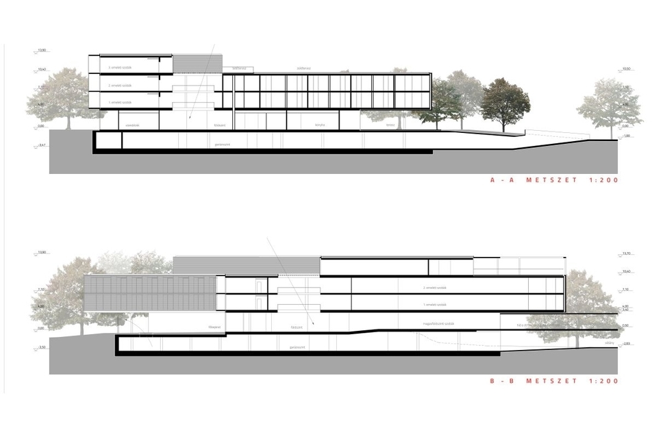 Sóstógyógyfürdő tervpályázat - metszet - építészek: Lévai Tamás, Jószai Ágnes
