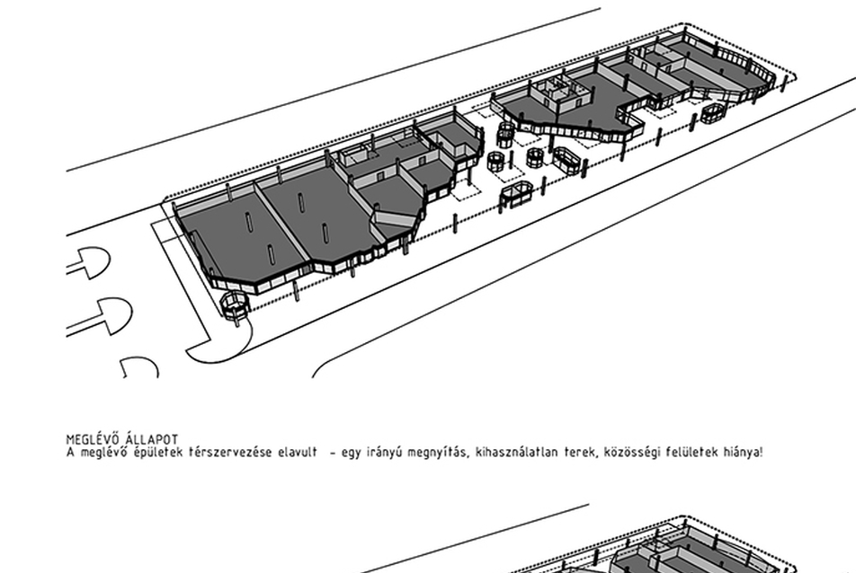 építészeti koncepció az U2-es épületen bemutatva - Csepel Arca pályázat (Cső és zsiráf) - építészek: Sebestyén Péter, Gyergyák János