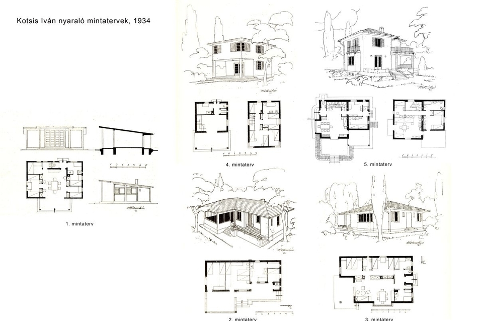Kotsis Iván nyaraló mintatervei, 1934 - forrás: Kotsis Iván: A nyaralók építéséről. A Magyar Mérnök és Építész Egylet közlönye. 68. (1934) 17-18. , p. 102-106.