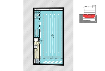-2. pinceszint, medencetér - Belvárosi Sportcsarnok - építészek: Skardelli György, Borbély András