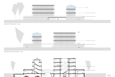 délkeleti, északnyugati homlokzat és hosszmetszet - tervező: Geon 