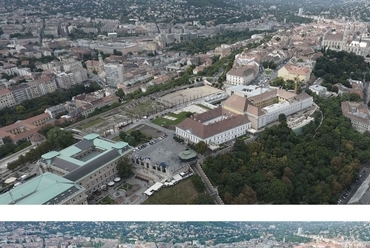 építészeti koncepció a Szent György tér beépítésére (az Építész Stúdió Kft. pályázati anyagából - kiemelt megvétel) – a Kiíró által biztosított drónos légifotó és az abba beillesztett látványterv