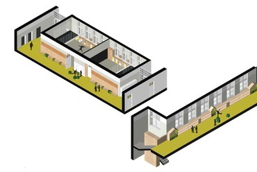 Az AKG Általános Iskola és Gimnázium közösségi tér, grafika - terv: Fló Architects