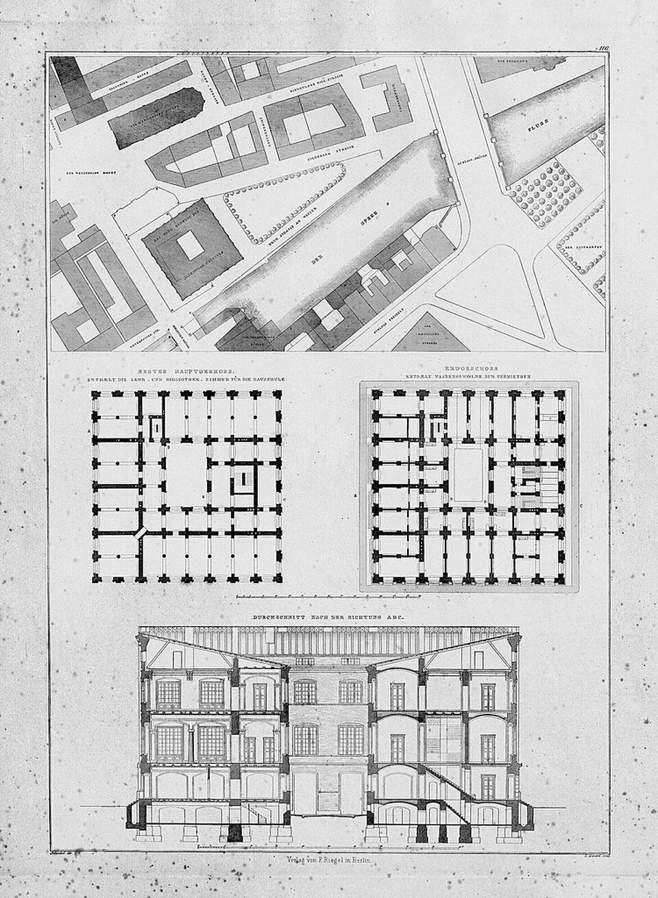 Schinkel eredeti rajzai a Bauakademie épületéhez. Kép: Wikimedia Commons