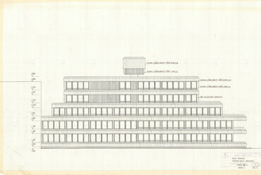 Mónus János (ÁÉTV): OKISZ-székház, Budapest. A templom felőli homlokzat, 1970 – Lechner Tudásközpont, Dokumentációs Központ  Tervtár, ÁVTI