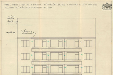 Budapest, Pozsonyi út 23. homlokzati terve 1937 áprilisából, tervező: Hamburger István (Budapest Főváros Levéltára, XV.17.d.329)