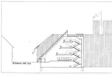 Országos Villamos Teherelosztó Központ, hosszmetszet. Forrás: Magyar Építőművészet, 1979/6.