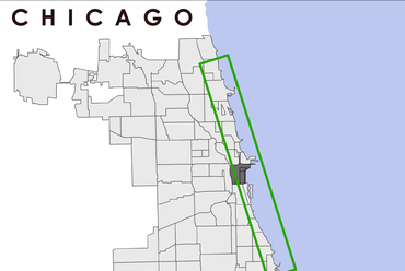 Chicago térképe a negyedhatárokkal: a szürke rész a városközponti Loop-ot mutatja, a zöld kontúr pedig a vízparti összefüggő közpark zónát érzékelteti - Ábra: Tóth Péter