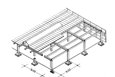 A 9 × 9 m-es pillérállású, üzemi előregyártású, univerzális ipari típusszerkezet axonometrikus ábrázolása. Tervezők: Gnädig Miklós, Bajnay László. A típusszerkezetet a káli magtisztító üzem raktárcsarnokaként adaptálták