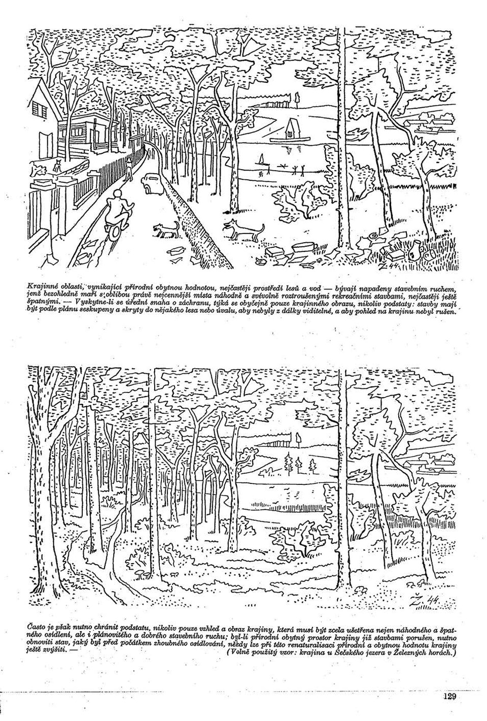 Illusztráció az Obytná krajina c. kötetből (1947). Javaslat a Sečské-víztározó környékének renaturalizációjára. Forrás: Ladislav Žák: Obytná krajina.