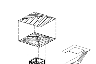 Prónay-kilátó a Cserhátban, kalap axonometria –  terv: Báger András / BAHCS művek Kft.