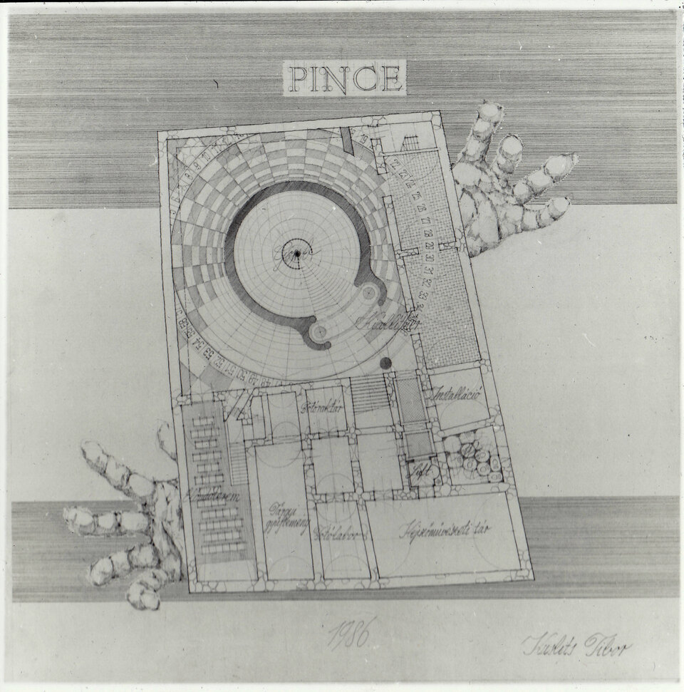 Kuslits Tibor: Magyar Építészeti Múzeum a Fortuna utca 18. alatt. Mesteriskolai felvételi terv, 1986. Pinceszinti alaprajz.