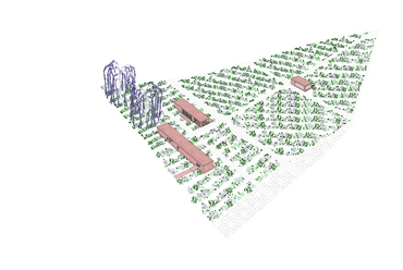 Átnézeti axonometria - Borsika gyógynövénykert Ózdon - építész: Kiss Luca