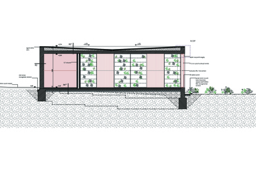 Gyógynövény szárító metszete - Borsika gyógynövénykert Ózdon - építész: Kiss Luca