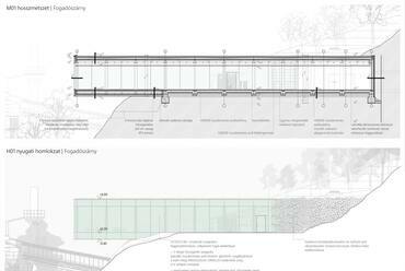 Fogadószárny hosszmetszete és nyugati homlokzata - Esztramos Esszencia Látogatóközpont és Térségfejlesztési Stratégia Vázlat - építész: Krajnyák Nándor Bence 