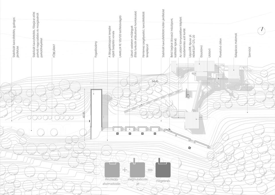 Helyszínrajz M=1:500 - Esztramos Esszencia Látogatóközpont és Térségfejlesztési Stratégia Vázlat - építész: Krajnyák Nándor Bence 