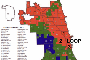 Chicago 2016-os lakásárai: vörös/magas, zöld/mérsékelt, kék/alacsony / ábra: Institute for Housing Studies. LOOP és az elmúlt 20 évben teljesen elbontott szociális lakótelepek helyei: 1/Cabrini-Green, 2/Henry Horner Homes, 3/Robert Taylor Homes