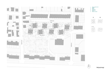 Szociális lakások, Miskolc – helyszínrajz – Terv: Gulyás Eszter / BME Építészmérnöki Kar Lakóépülettervezési Tanszék