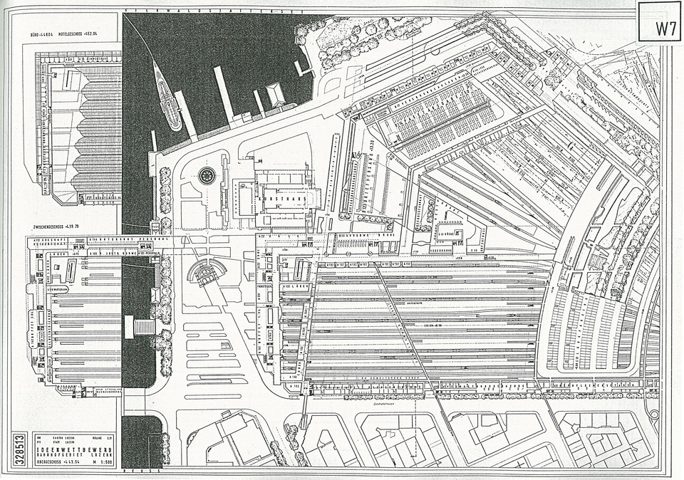 Luzerni főpályaudvar tervének makettje és alaprajza, Svájc, 1976, Hajnos Miklós