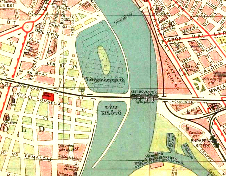 A még feltöltetlen Lágymányosi-tó, a Téli kikötő (mai Lágymányosi-öböl) és a Kopaszi-gát egy 1930-as Nagy-Budapest térképen. Forrás: Wikipédia