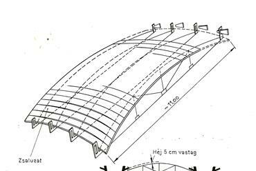 A csepeli csőhegesztő csarnokot lefedő héjszerkezetek zsaluzását (az önhordó zsaluzatok szerkezetét és alkalmazását) szemléltető ábrák. Forrás: Dr. Menyhárd István: Héjszerkezetek számítása és szerkesztése. Műszaki Könyvkiadó, Budapest, 1966, 379.