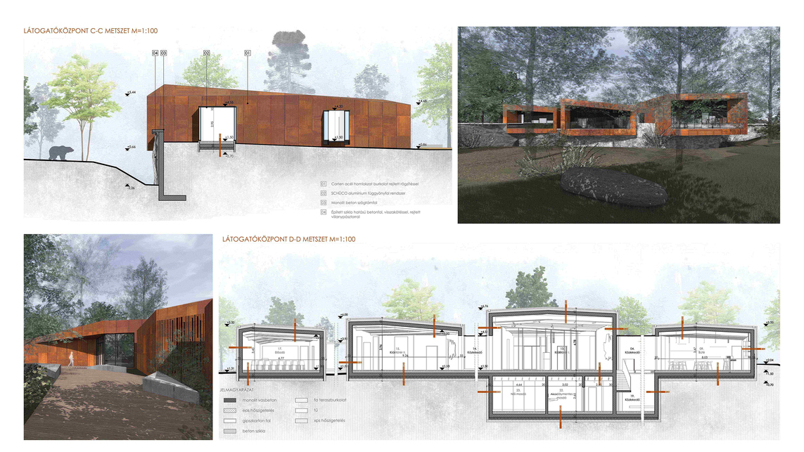 Veresegyházi Medveotthon Látogató és Rehabilitációs Központ – látogatóközpont metszetek II – terv: Erdélyi Anett / Pécsi Tudományegyetem Építész Szakmai Intézet