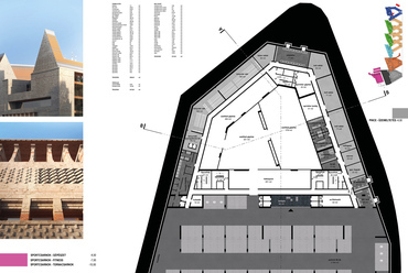 A Mathias Corvinus Collegium tervpályázatának egyik nyertese, a NAPUR archiect munkája. Pinceszinti alaprajz, a homlokzat részletei és távlati kép