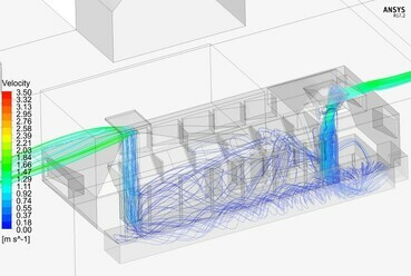 CFD aerodinamikai szimulációkkal támogatott passzív szellőztető rendszer a földszinti és alagsori technológiai terek számára, a borászat áramlástanilag kifejlesztett végső verziója