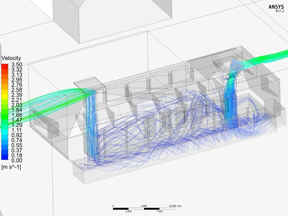 CFD aerodinamikai szimulációkkal támogatott passzív szellőztető rendszer a földszinti és alagsori technológiai terek számára, a borászat áramlástanilag kifejlesztett végső verziója