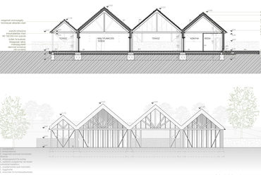 közösségi épület hosszmetszet és délnyugati homlokzat