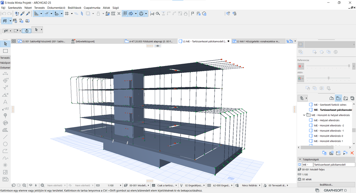 Archicad BIM Sablonfájl, Mintaépület, tartószerkezeti pálcikamodell