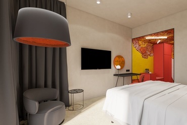 A kaposvári Spoiler Hotel látványterve, szoba. Forrás: Singer Design