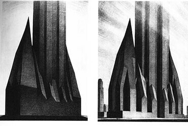 Delirious New York: A Retroactive Manifesto for Manhattan (Rem Koolhaas 1978, Oxford University Press) – hogyan befolyásolta a New York-i „zoning regulation” (1916) a felhőkarcolók formáját, Hugh Ferris rajza.