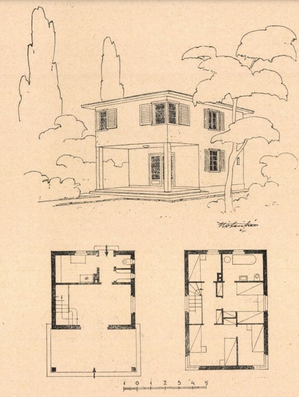 Két szintes nyaraló mintaterve. Forrás: A Magyar Mérnök- és Építész-Egylet Közlönye, 1934. 68. évfolyam 17-18. szám