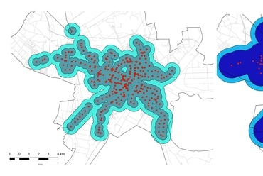 Szeged közösségi közlekedés megállói és a hozzájuk rendelt öt és tíz perces, illetve 500 és 1000 méteres elérési zónák. Forrás: OSM adatbázis alapján saját szerkesztés