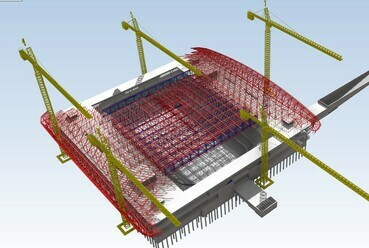 A székesfehérvári Alba Aréna multifunkcionális Sport- és Rendezvénycsarnok kivitelezési szimulációja, részlet. Forrás: Market Építő Zrt.