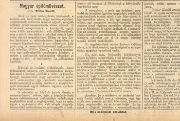 Fittler Kamill: Magyar építőművészet. Budapesti Hírlap, 1904. 02. 23. 1–3.