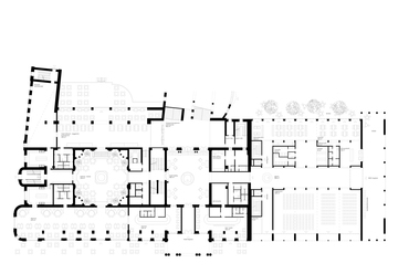 Földszint. A debreceni Aranybika Szálló tervpályázatának PÉTERFFY + DŐRY architects által beadott munkája.