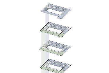 Funkcionális axonometria. A debreceni Aranybika Szálló tervpályázatának PÉTERFFY + DŐRY architects által beadott munkája.