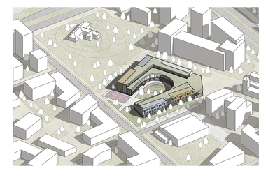 Axonometrikus nézet - Kelenföld-Dunapart új általános iskolája – Botka Fanni Szilvia diplomaterve