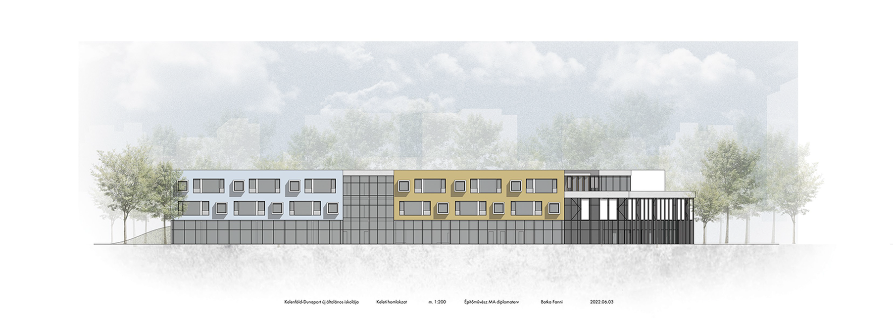 Keleti homlokzat - Kelenföld-Dunapart új általános iskolája – Botka Fanni Szilvia diplomaterve