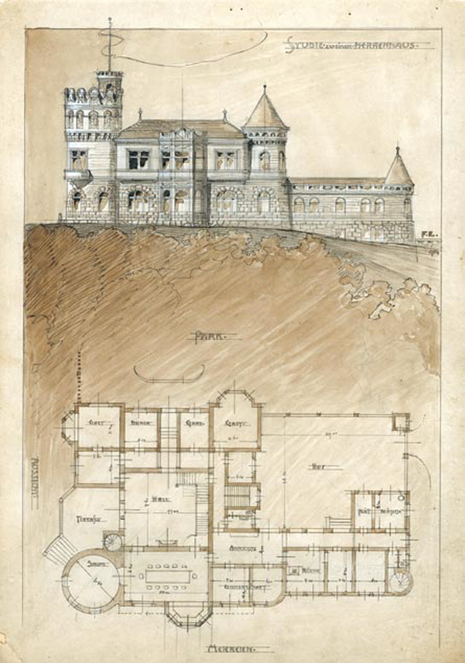 Sándy Gyula – Foerk Ernő: A diósszentpáli (daruvári) Tüköry-kastély terve, 1904., Forrás: MÉM MDK