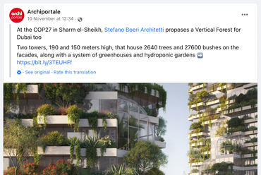 Stefano Boeri Architetti: A dubai-i Vertikális Erdő terve. Forrás: Archiportale social media felülete